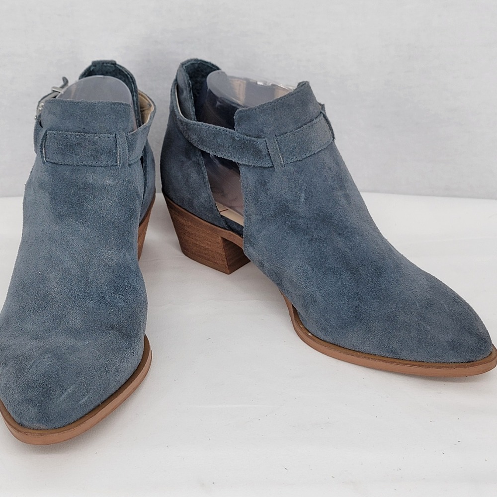 Sole Society Blue Suede Cutout Ankle Booties Pointed Toe Block Heel Size 8.5 M